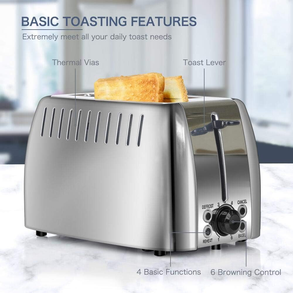 Stainless Steel 2-Slice Toaster with Extra Wide Slots - 6 Browning Settings & Multi-Function for Perfect Toasting of Bread, Bagels, and Waffles - 750W, Silver