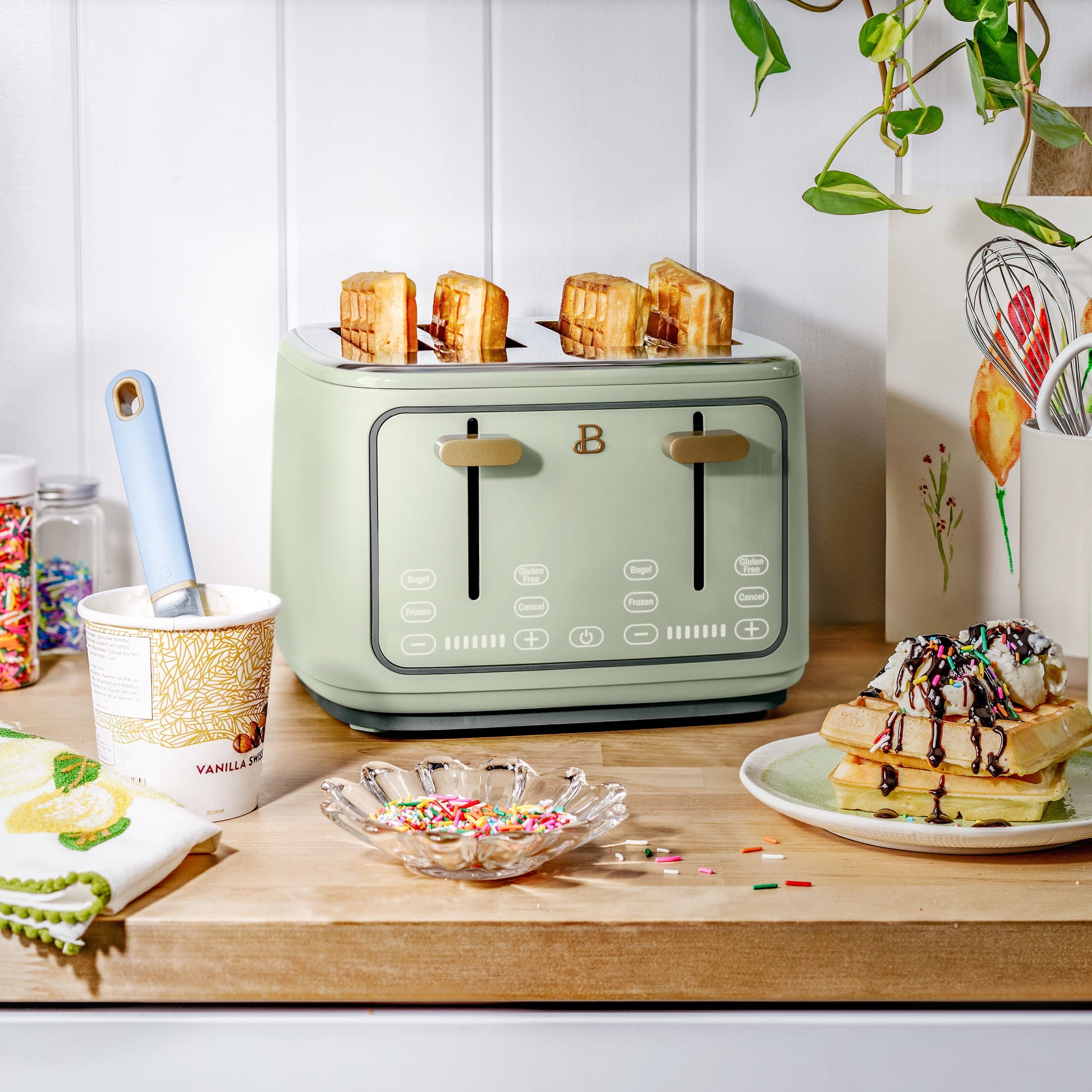 Sleek Sage Green 4-Slice Toaster with Touch-Activated Display by Drew Barrymore