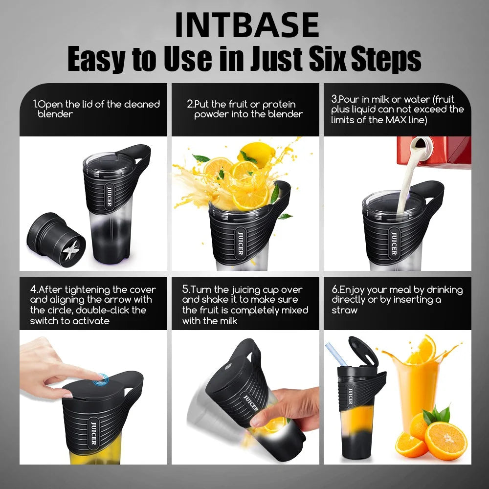 Portable Mini Blender Cup - USB Rechargeable Personal Juicer for Smoothies & Shakes, 460ml, Travel-Friendly Design, Black