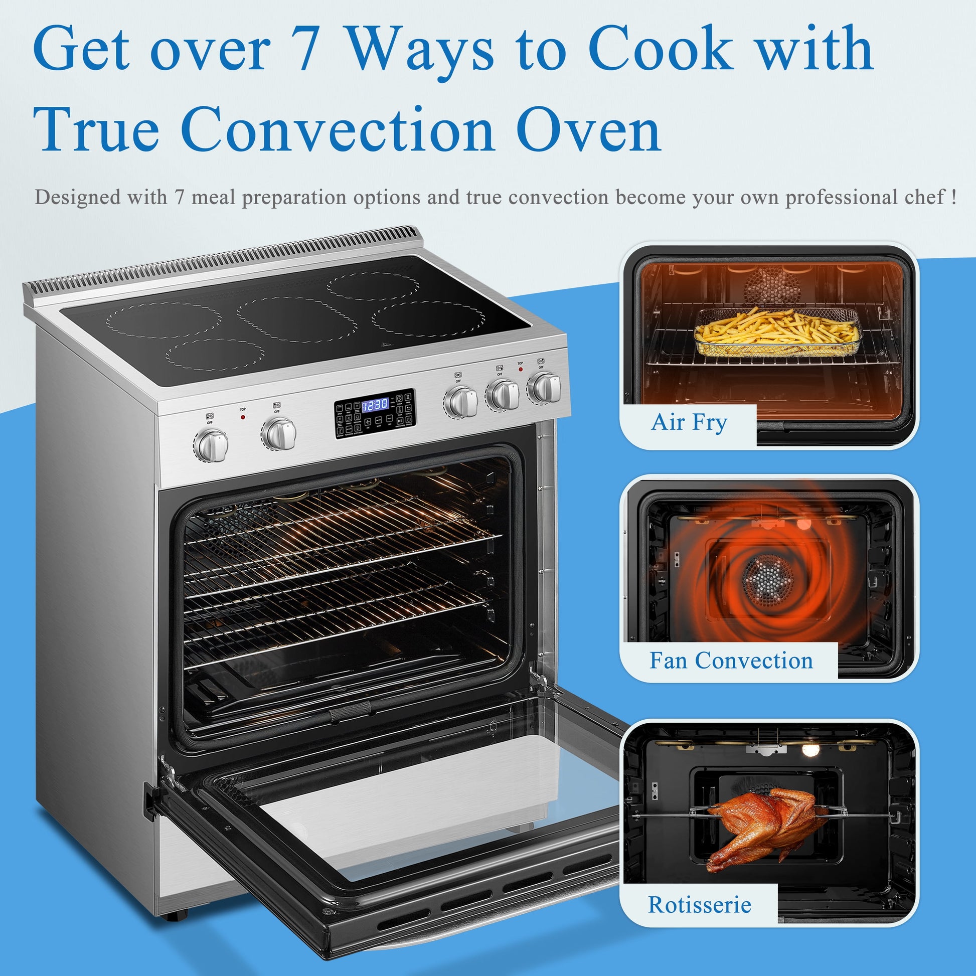 30 Inch 5.9 Cu.Ft. Freestanding Electric Convection Range with Air Fry and Rotisserie, 5 Elements