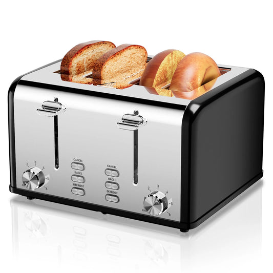 Retro 4-Slice Stainless Steel Toaster with Bagel, Defrost, Reheat, and 6 Shade Settings - Perfect Kitchen Essential!