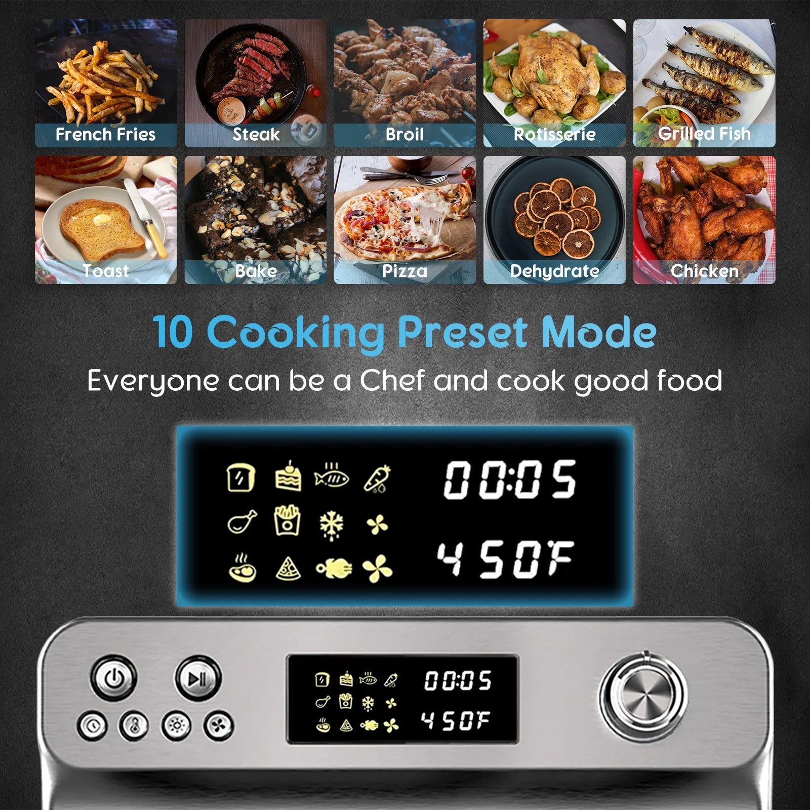 26QT Stainless Steel Air Fryer Oven with Rotisserie 1800W Air Fryer Toaster Oven,10 in 1 Countertop Oven