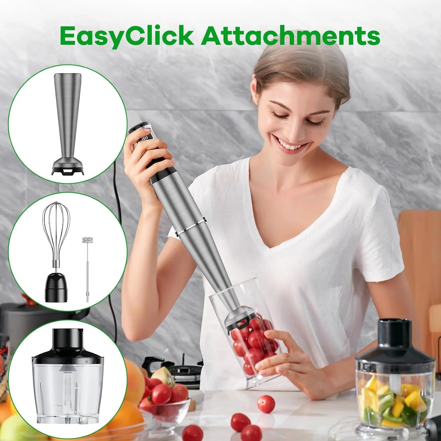Powerful 1100W Immersion Blender - 5-in-1 Handheld Stick Blender with Variable Speed, Chopper, Whisk, and Frother for Smoothies, Soups, and Baby Food