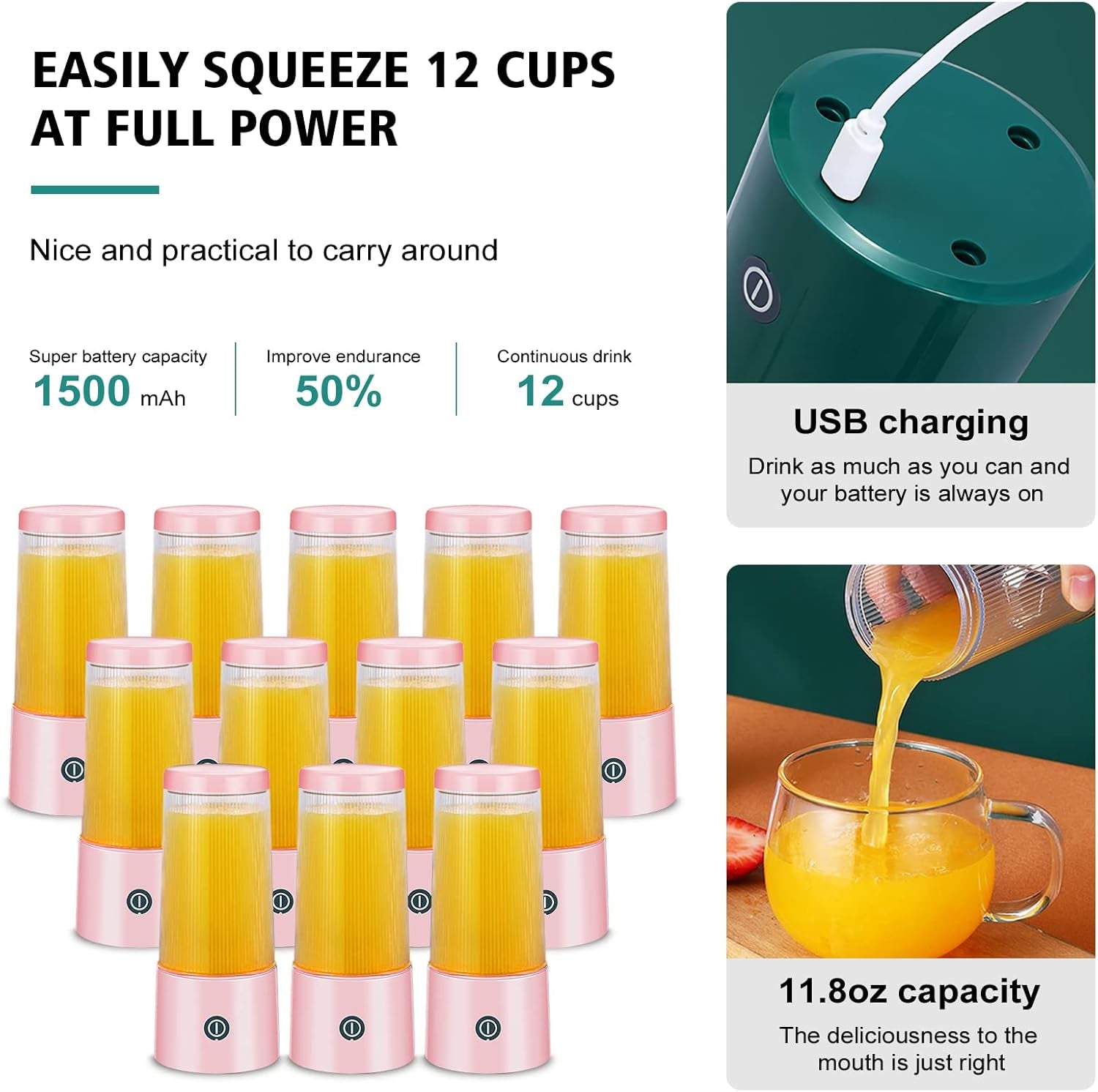 Pink Portable Blender - USB Rechargeable Smoothie Maker with 6 Blades, Perfect for Home, Travel, and Office – 11.8 Oz Personal Juicer Cup for Smoothies and Shakes