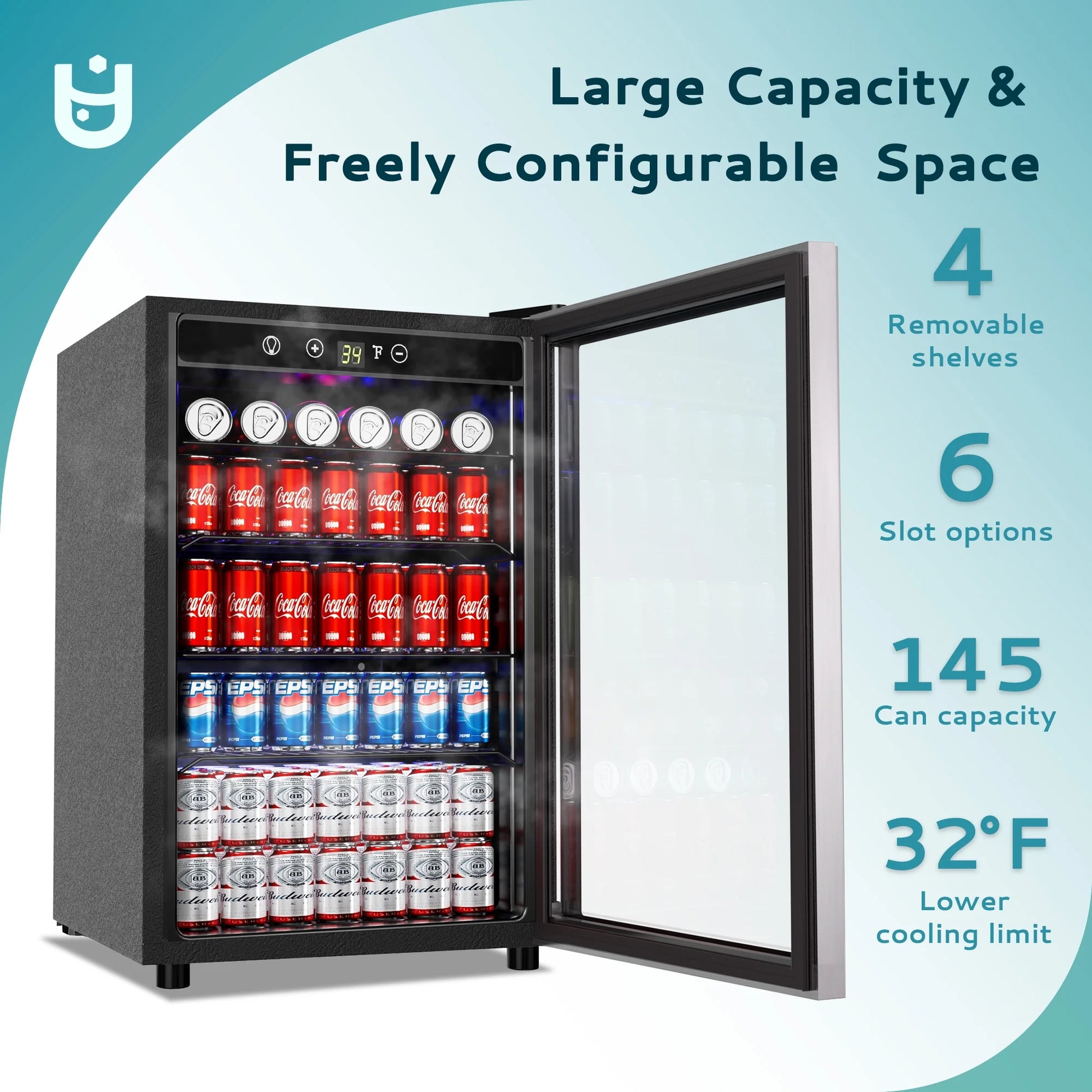145 Can Beverage Refrigerator with Glass Door & Adjustable Shelves – Perfect for Chilling Drinks!