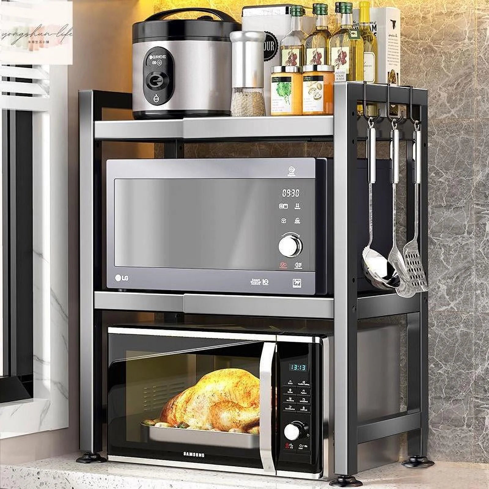 3-Tier Kitchen Baker's Rack - Expandable Microwave Stand & Storage Shelf with S-Hooks, Stylish Black Design