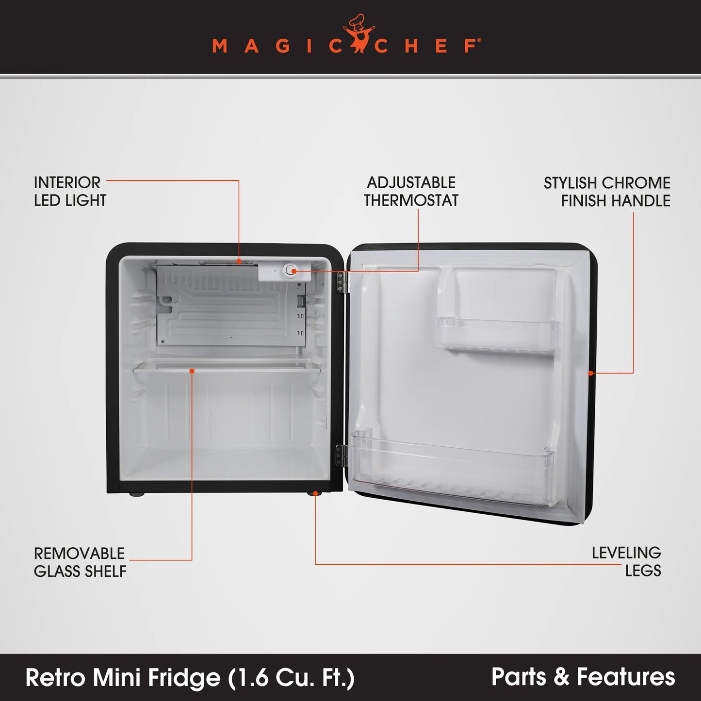 1.6 Cu. Ft. Retro Mini Fridge with LED Light, Black, 34 Lbs