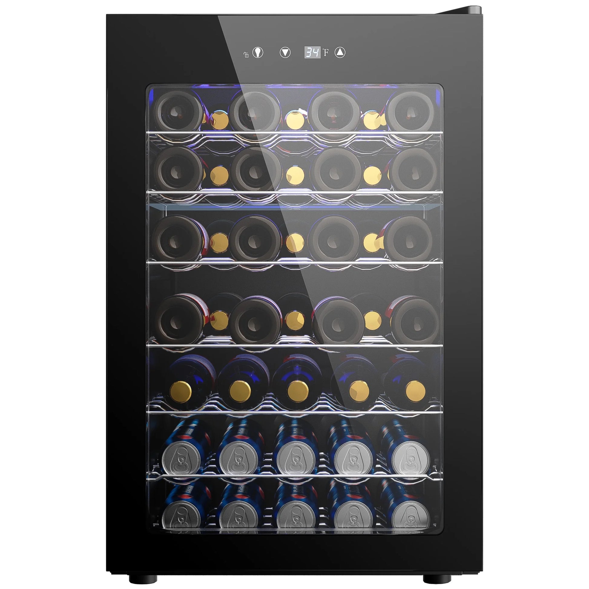 44-Bottle Wine Cooler - Stylish Mini Fridge with Glass Door & Adjustable Temperature for Wines, Beers, and Drinks - Blue LED Interior Lighting