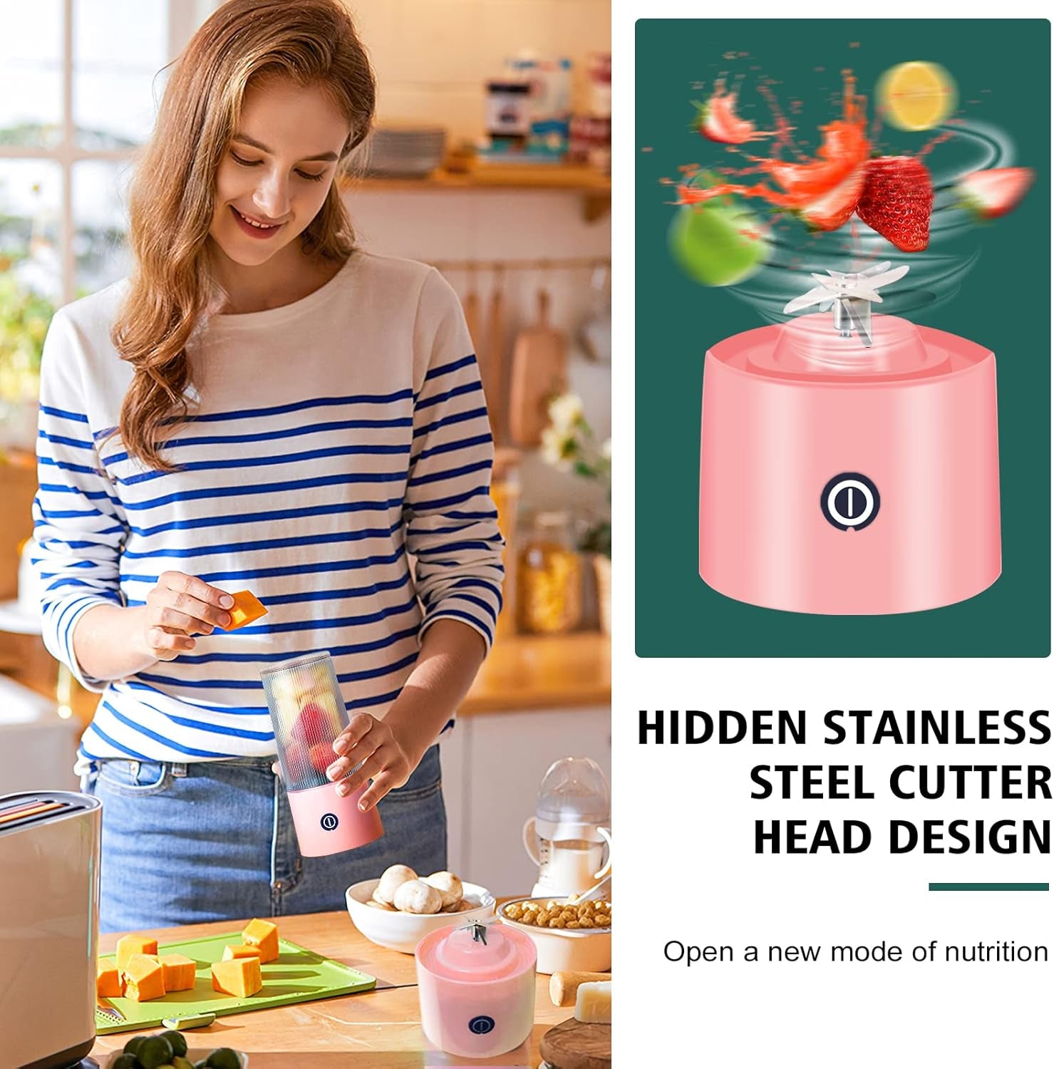 Pink Portable Blender - USB Rechargeable Smoothie Maker with 6 Blades, Perfect for Home, Travel, and Office – 11.8 Oz Personal Juicer Cup for Smoothies and Shakes