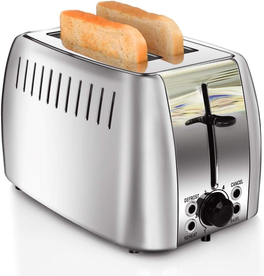 Stainless Steel 2-Slice Toaster with Extra Wide Slots - 6 Browning Settings & Multi-Function for Perfect Toasting of Bread, Bagels, and Waffles - 750W, Silver