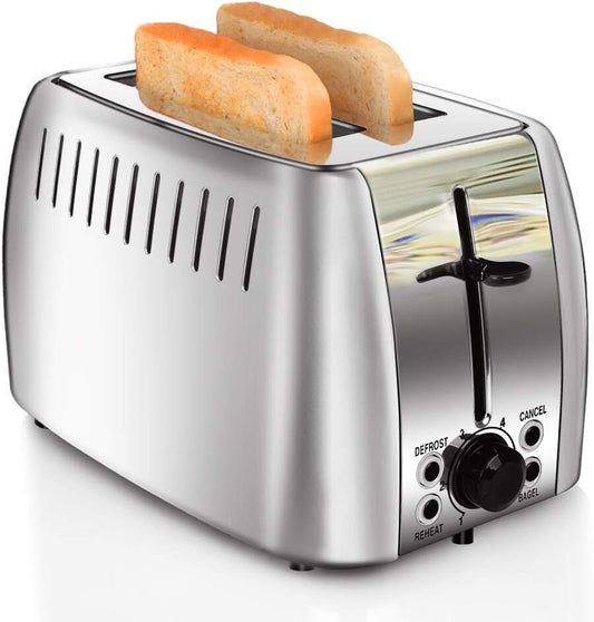Stainless Steel 2-Slice Toaster with Extra Wide Slots - 6 Browning Settings & Multi-Function for Perfect Toasting of Bread, Bagels, and Waffles - 750W, Silver