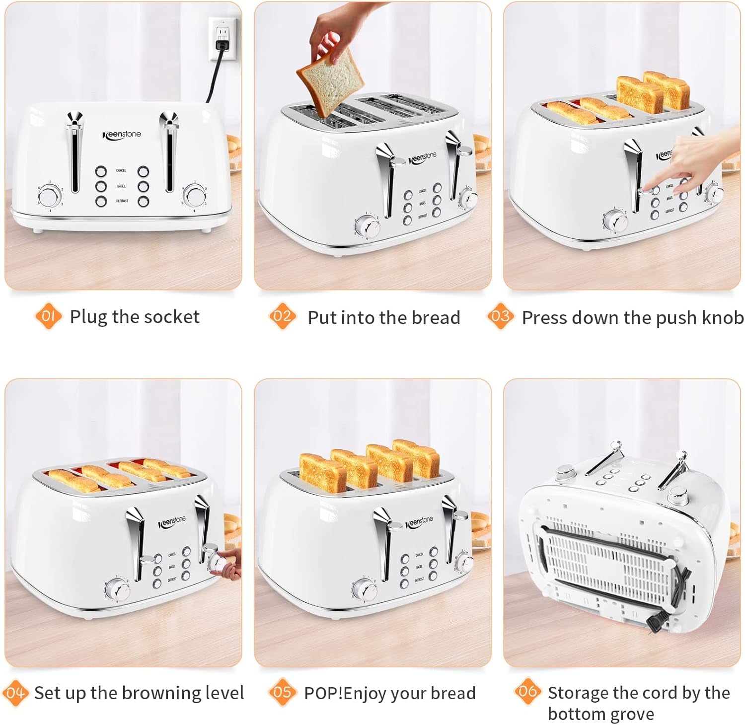 Toaster 4 Slice Stainless Steel Toaster with Bagel, Cancel, Defrost Function,  4 Slice Toaster with Removable Crumb Tray, 4 Extra Wide Slots, 6 Shade Settings, White