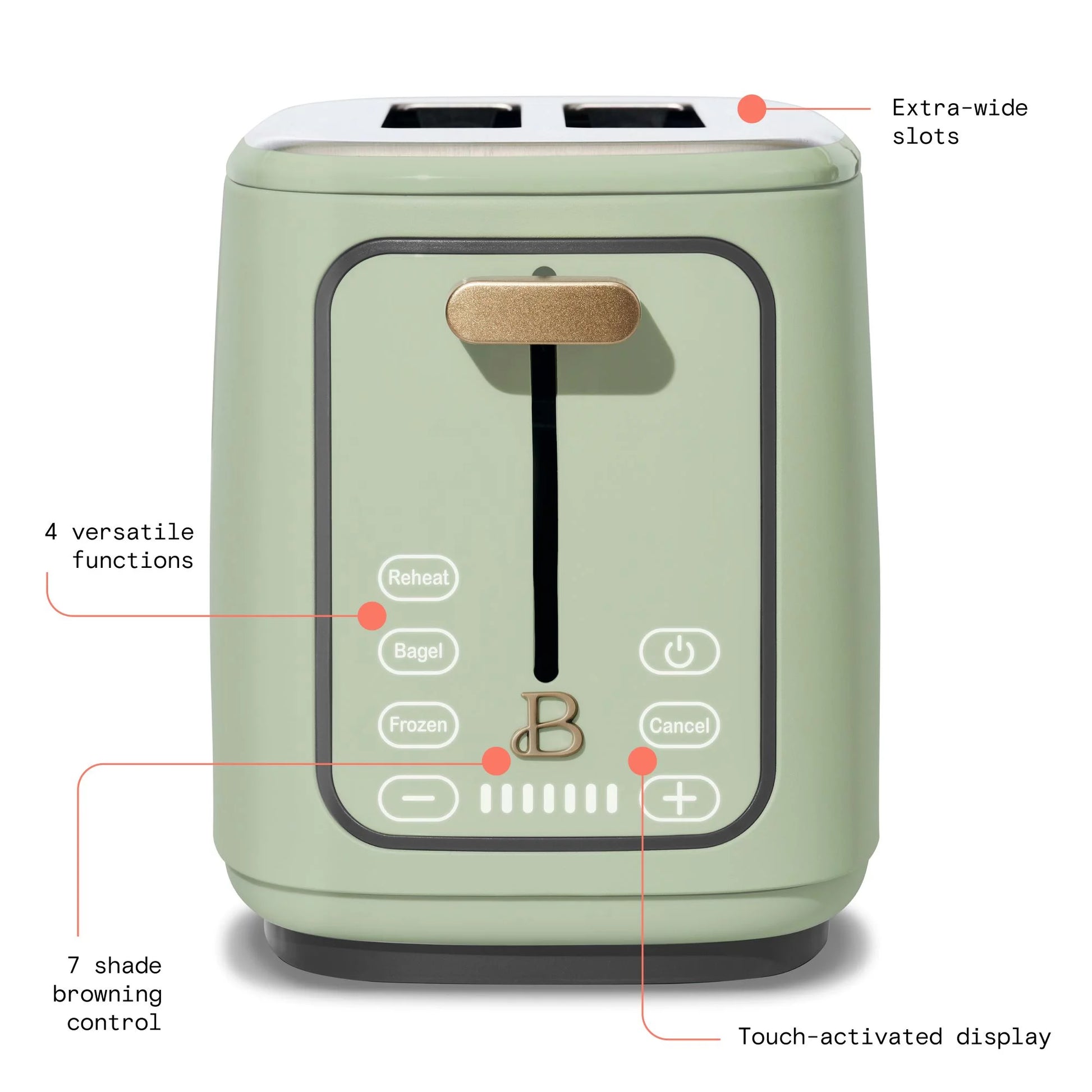 Drew Barrymore Sage Green Touch-Activated 2 Slice Toaster - Stylish & Functional Kitchen Essential