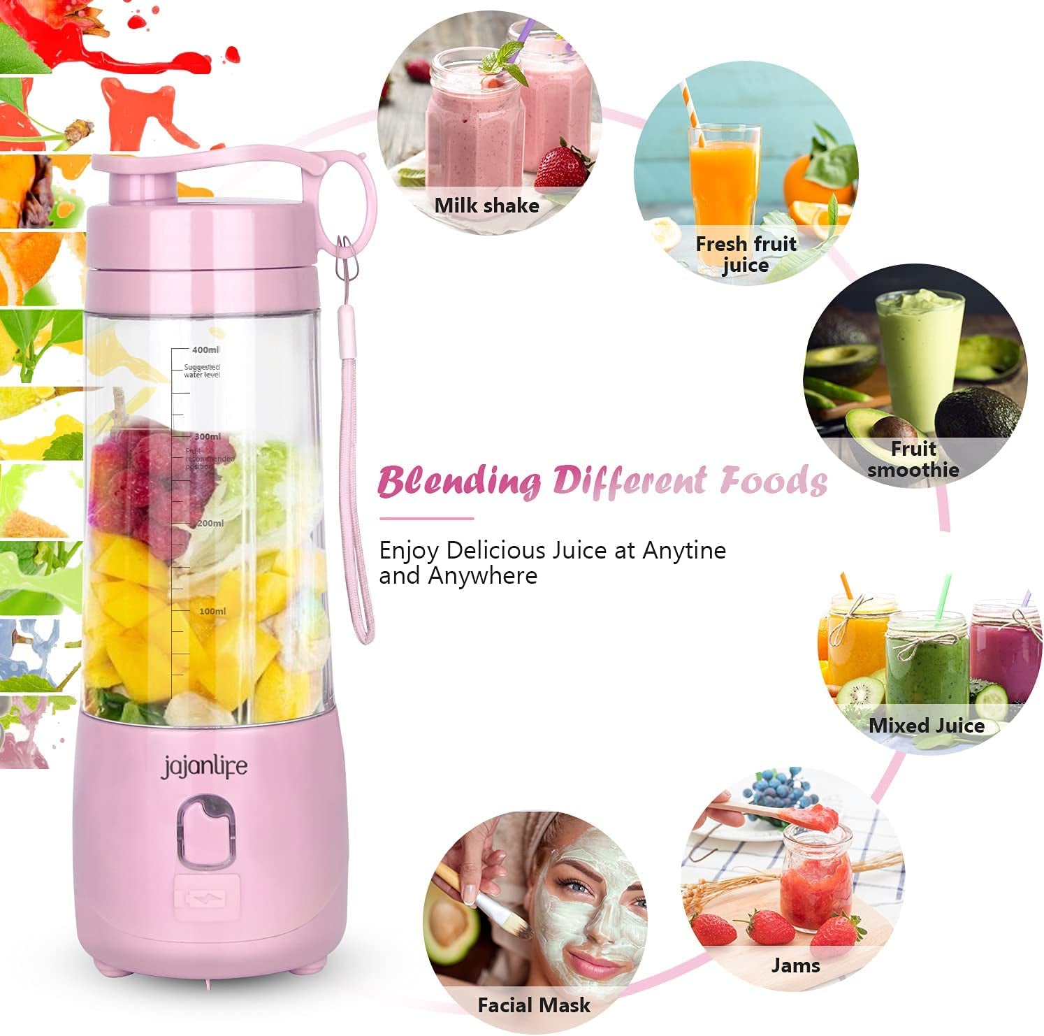 Compact Pink Portable Blender - Rechargeable 4000mAh Mini Travel Smoothie Maker with 3D Six Blades - Perfect for Home, Sports & Outdoor Use (13.5oz)