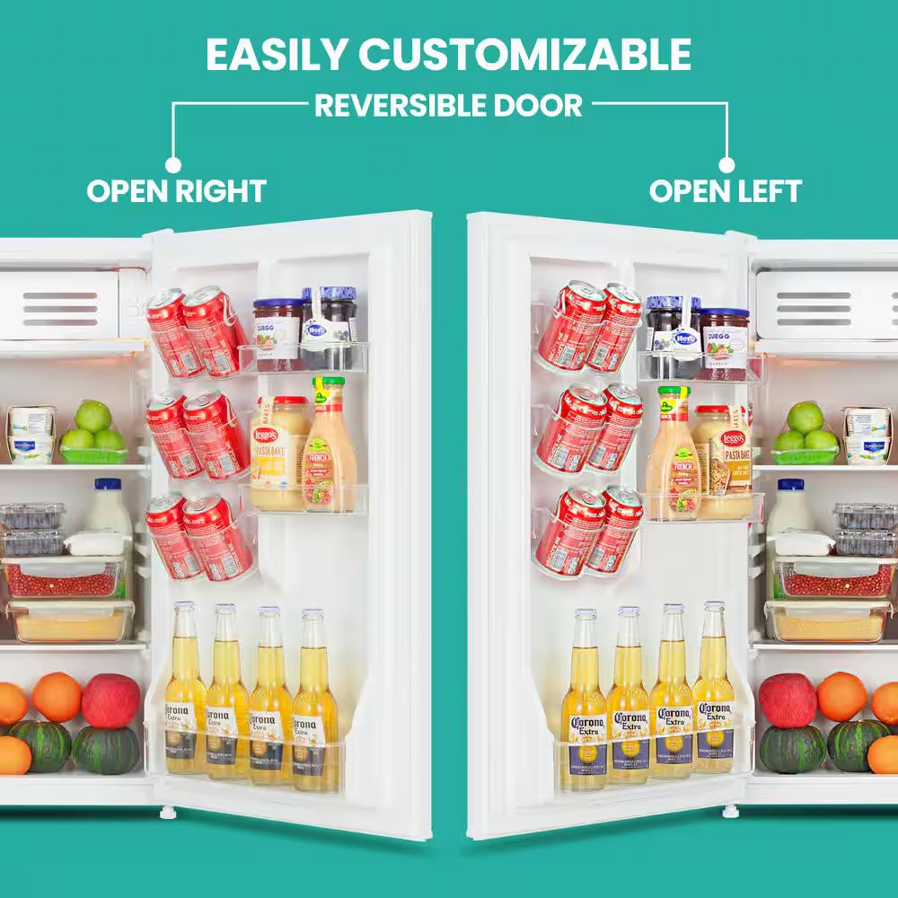 Compact Fridge with Freezer, 3.2 Cu. Ft.. (91L), White, Space-Saving Flat Back, Reversible Door