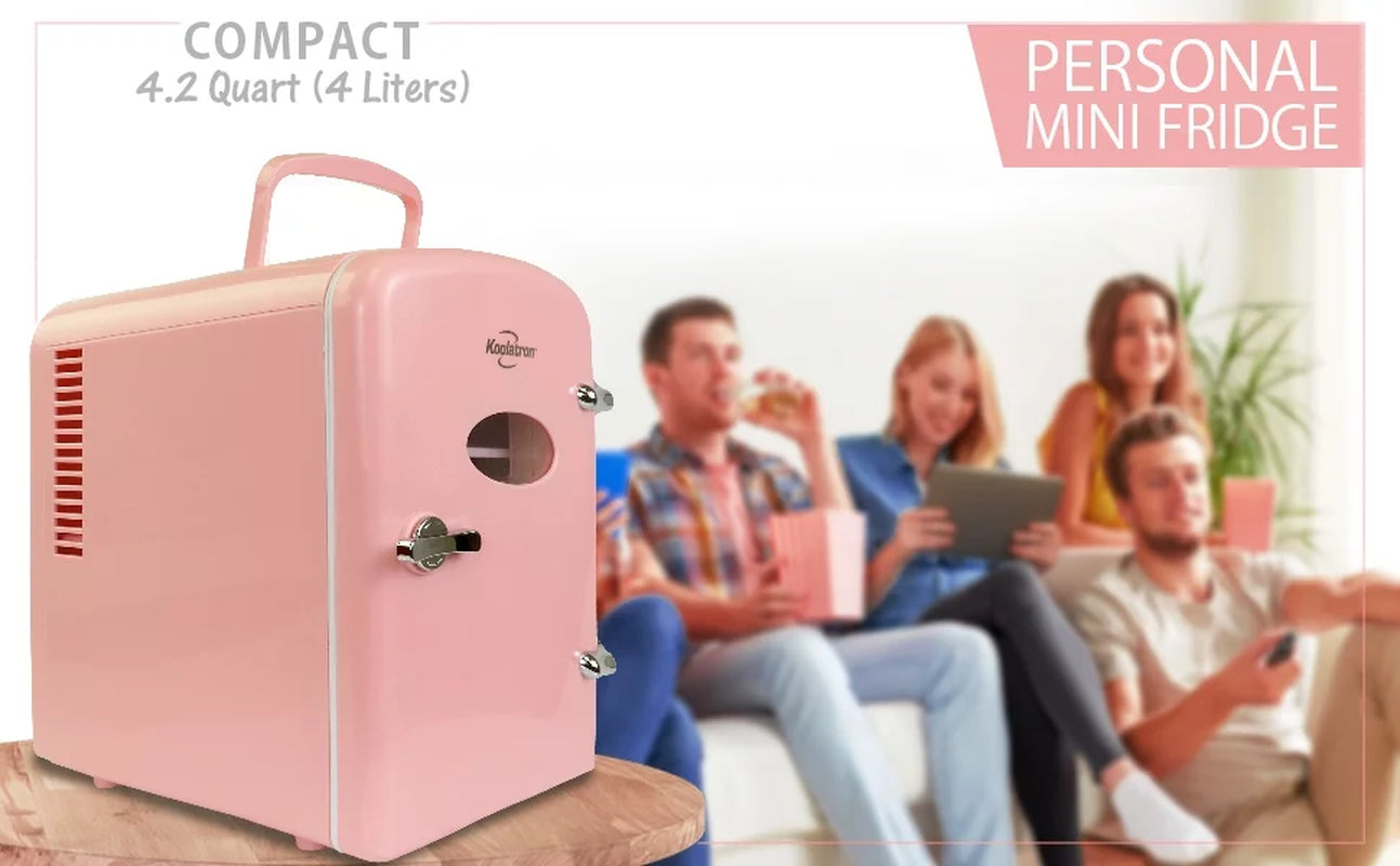 4L Retro Mini Fridge - Stylish Pink 12V DC & 110V Cooler for 6 Cans
