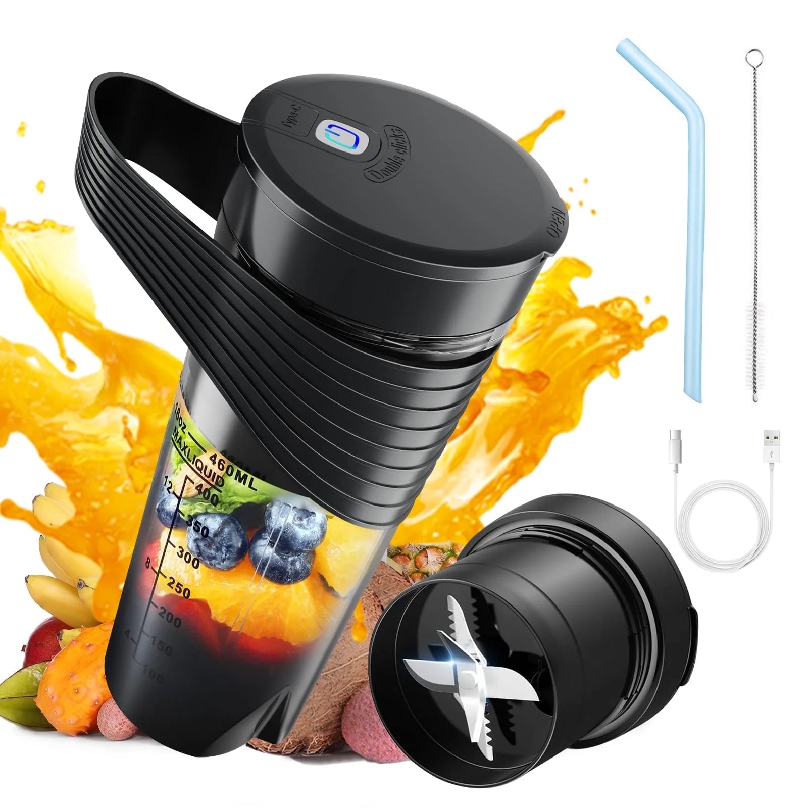 Portable Mini Blender Cup - USB Rechargeable Personal Juicer for Smoothies & Shakes, 460ml, Travel-Friendly Design, Black