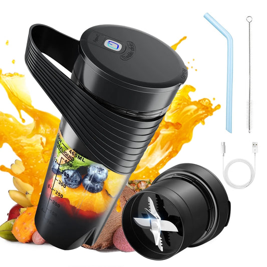 Portable Mini Blender Cup - USB Rechargeable Personal Juicer for Smoothies & Shakes, 460ml, Travel-Friendly Design, Black