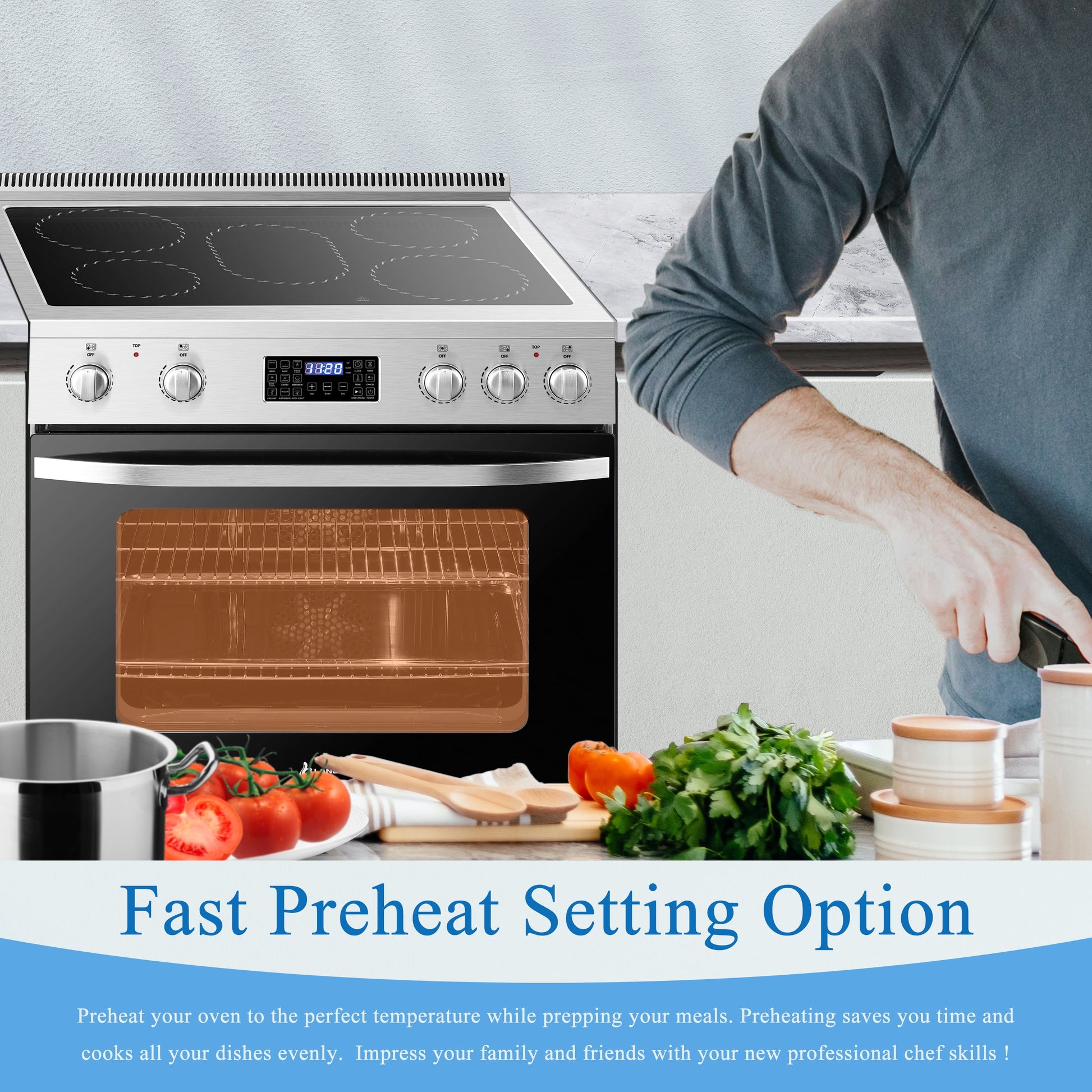 30 Inch 5.9 Cu.Ft. Freestanding Electric Convection Range with Air Fry and Rotisserie, 5 Elements