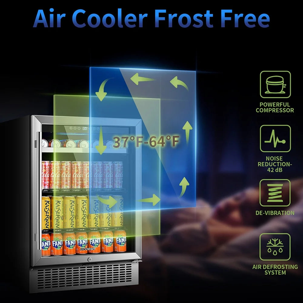 24" Beverage Refrigerator - 180 Can Capacity, Built-In & Freestanding, Touch Screen Control, Dual Layer Glass Door, Removable Shelves & Safety Lock for Beer, Soda & Water