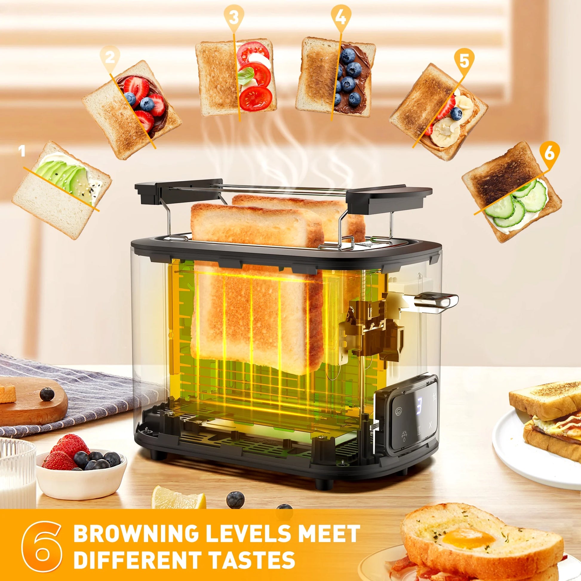 2-Slice Wide Slot Touchscreen Toaster with 6 Shade Settings - Perfect for Bagels, Defrosting, and Reheating!