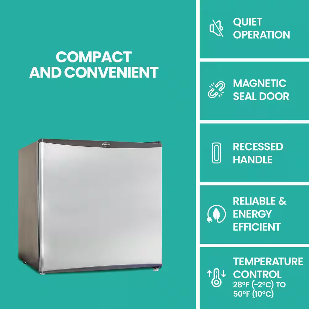 Stainless Steel Compact Fridge with Freezer, 1.6 Cu. Ft.. (44L), Flat Back, Reversible Door