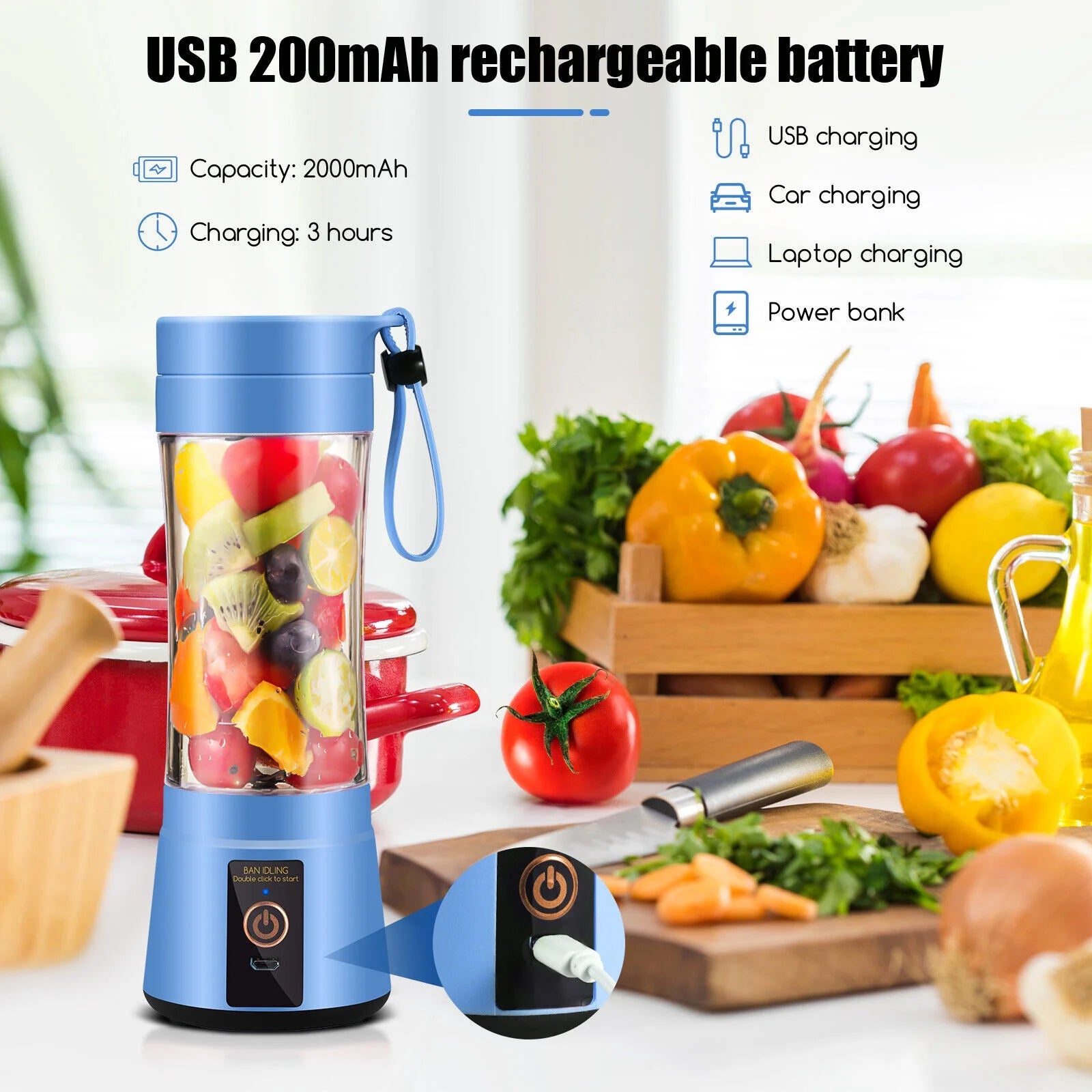 USB Rechargeable Portable Juicer - 350ML Fruit Smoothie & Juice Blender Cup in Blue