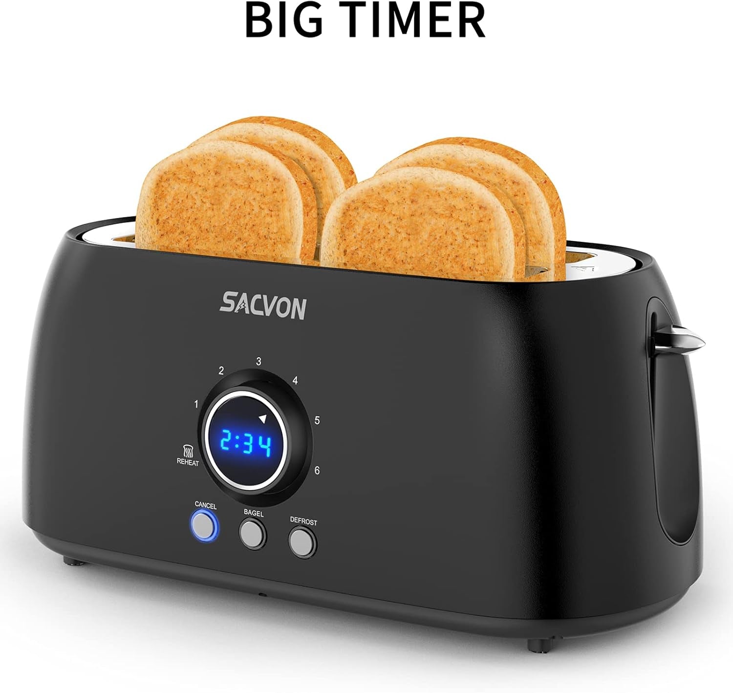 Toaster 4 Slice, Toaster 2 Long Slot,  Retro Black Toasters,Stainless Steel Toaster, Digital Timer,Bagel,Defrost,Reheat,Cancel Function,Removable Crumbs Tray, 6 Shade Settings, 1300W
