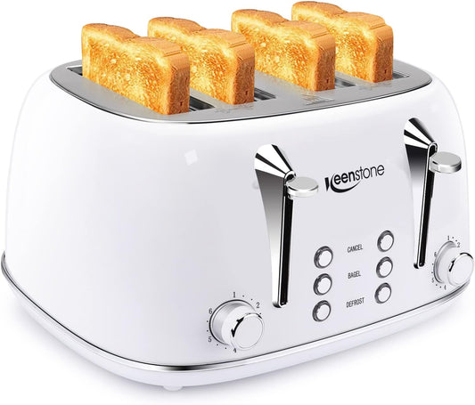 Toaster 4 Slice Stainless Steel Toaster with Bagel, Cancel, Defrost Function,  4 Slice Toaster with Removable Crumb Tray, 4 Extra Wide Slots, 6 Shade Settings, White