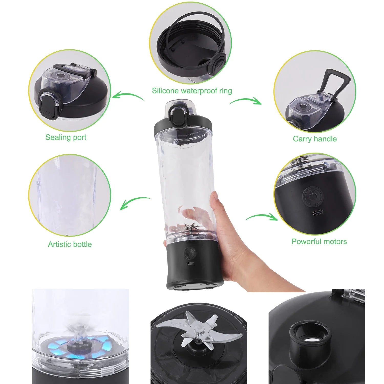 Portable Blender - 21 Oz Travel Cup, 10 Blades, USB Rechargeable Mini Blender for Shakes & Smoothies - Perfect for Gym, Home & Outdoors - Sleek Black Design