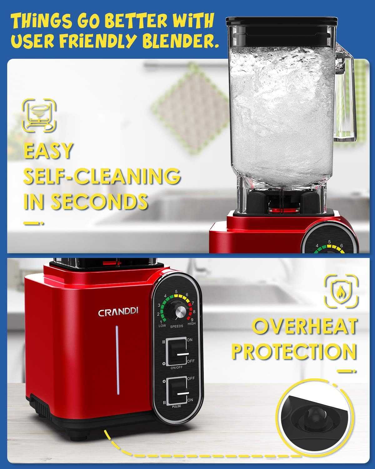 1800W Commercial Smoothie Blender - 52Oz Capacity, Stainless Steel Blade, 9 Speed Settings, Self-Cleaning & Built-In Pulse - K98C Red