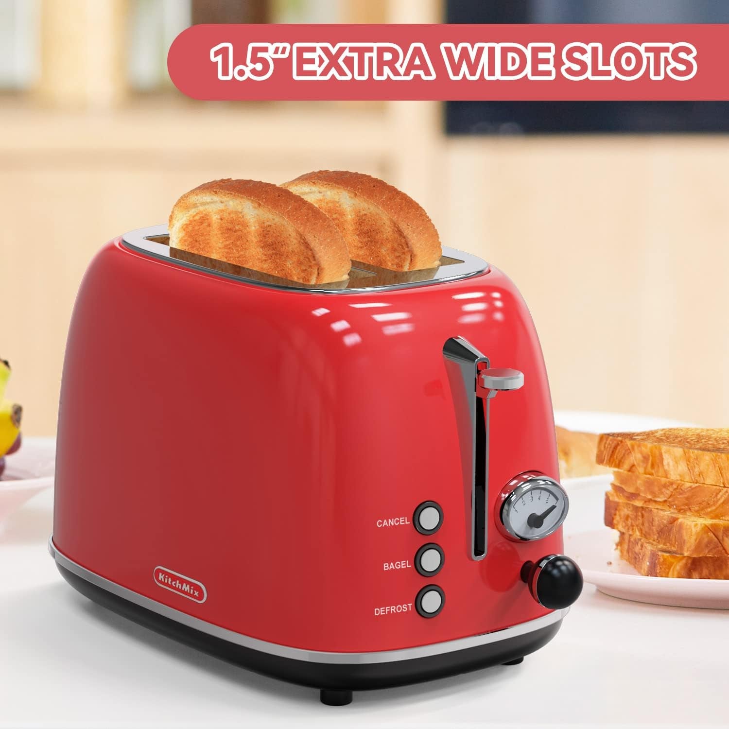 Retro Red 2-Slice Stainless Steel Toaster with 6 Settings, Extra Wide Slots, and Removable Crumb Tray