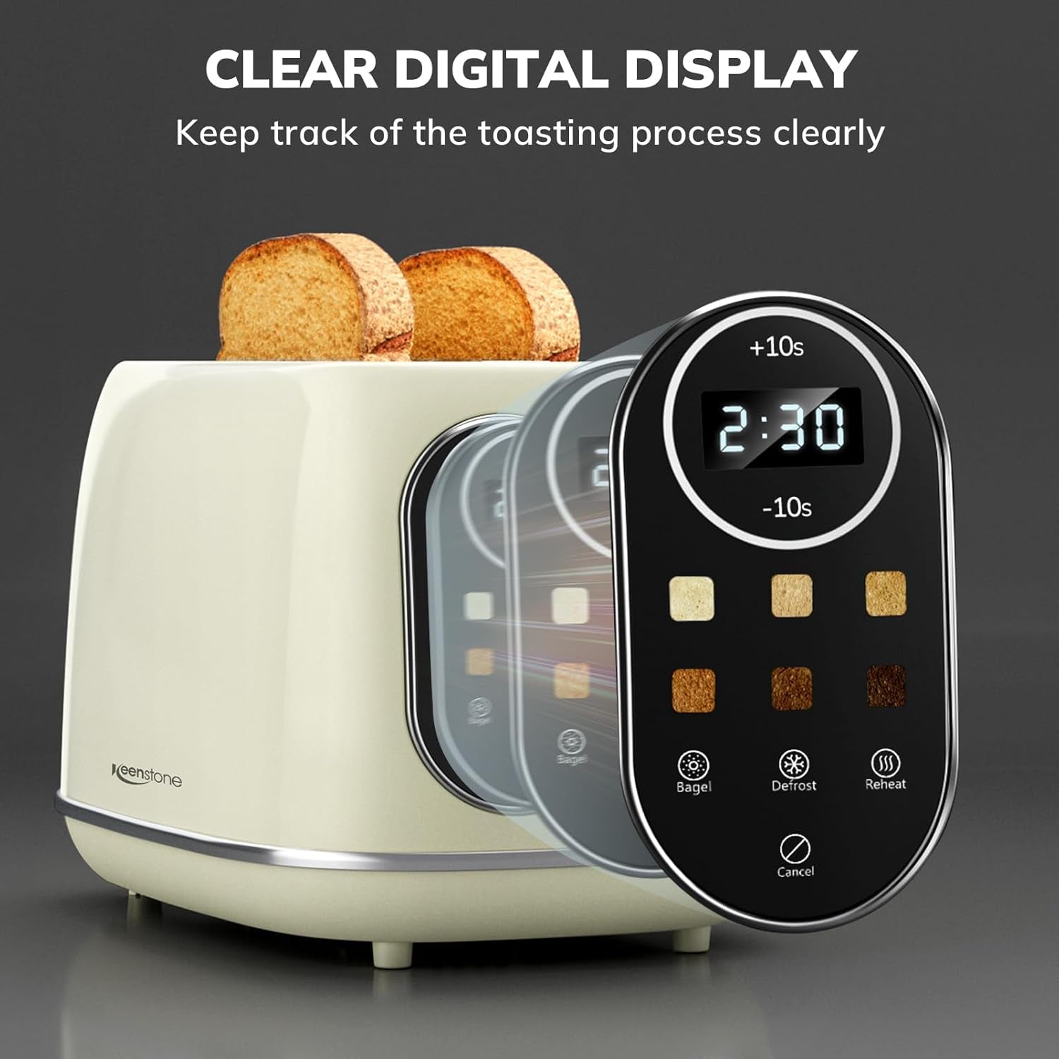 Retro Smart Touch Screen Toaster - 2 Slice Stainless Steel with 6 Browning Levels, Reheat & Defrost, Perfect for Bagels and Bread, Easy Clean Removable Crumb Tray - Beige