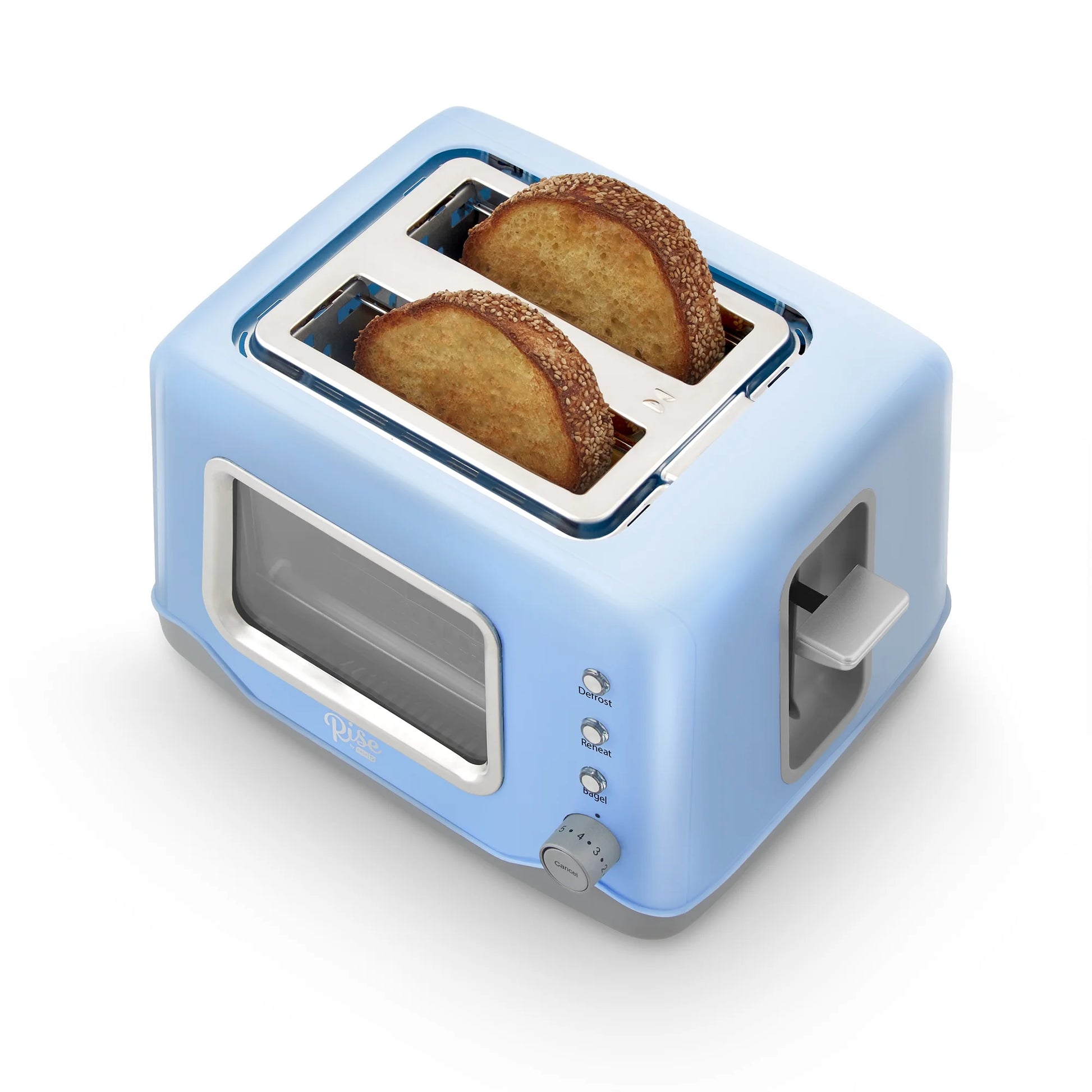 Dash Rise Clear View 2-Slice Toaster in Blue - Defrost, Reheat, Bagel Settings & Auto Shut Off
