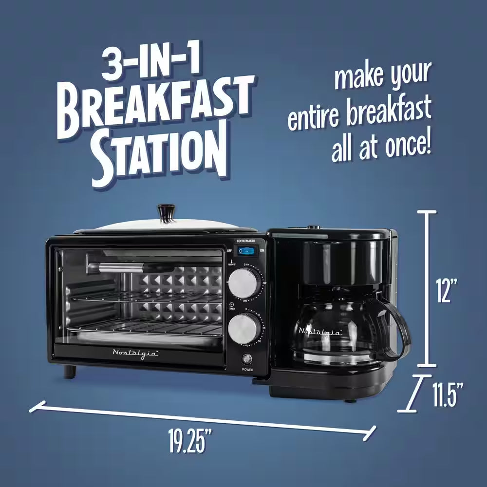 Retro 600 W 3-In-1 Toaster Oven Breakfast Station-Black
