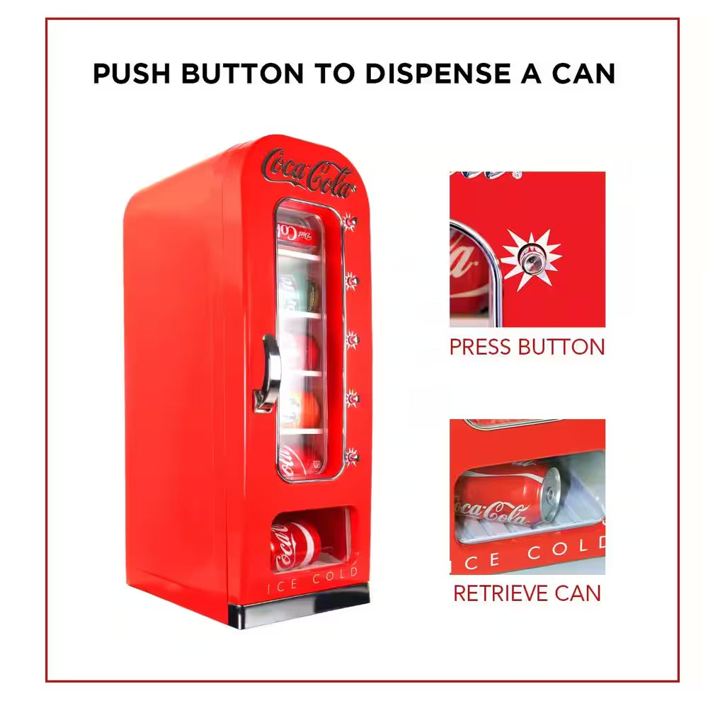 Retro Vending Machine Mini Fridge12V DC 110V AC, 10 Can Cooler with Push-Button Vending Action