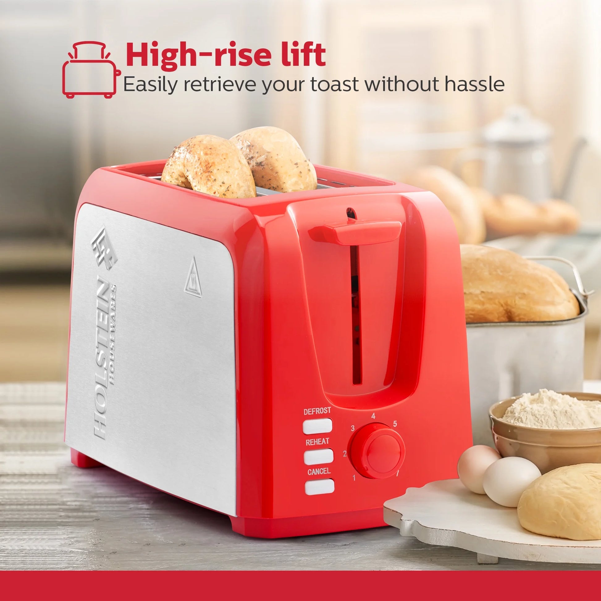 Stylish Red 2-Slice Toaster with Defrost & Reheat Functions