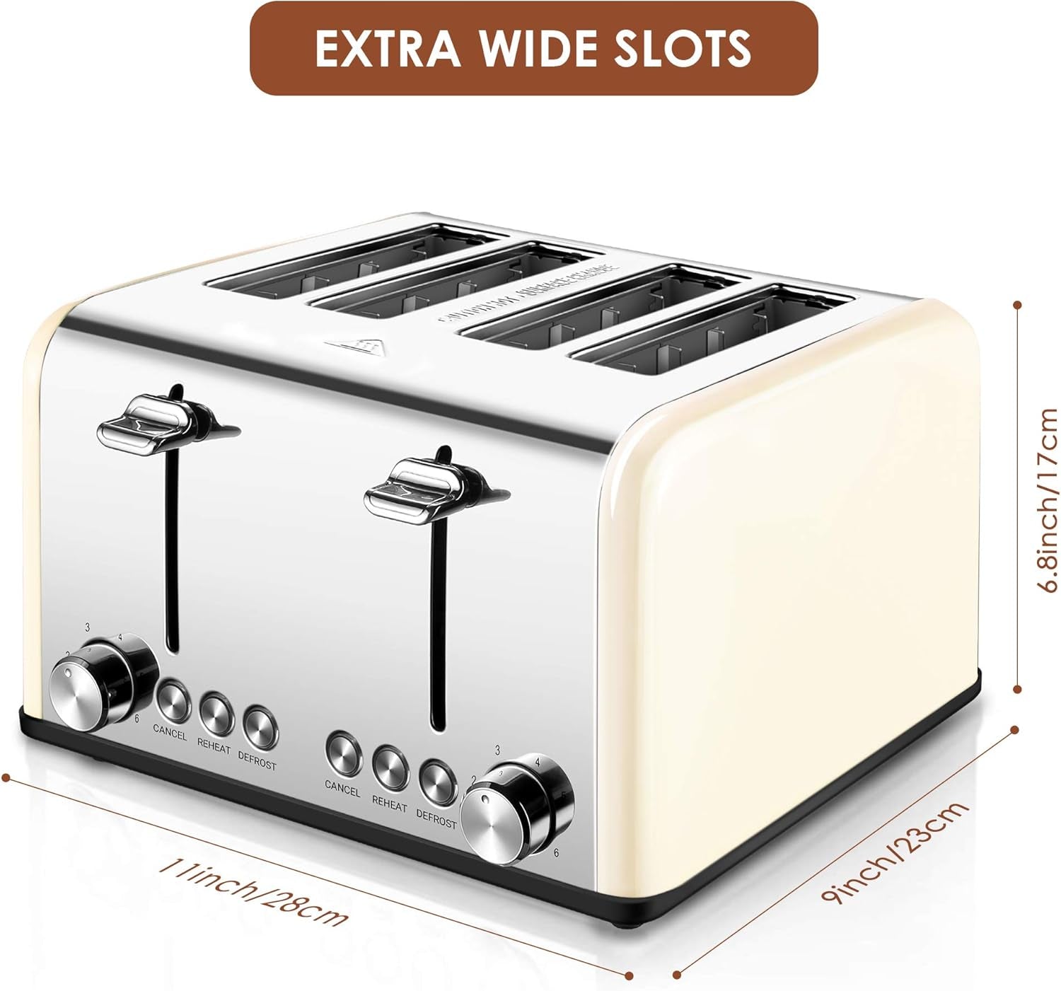 Retro 4-Slice Toaster - Stainless Steel, Extra Wide Slots, 6 Shade Settings, Bagel & Defrost Functions, 1650W, Cream
