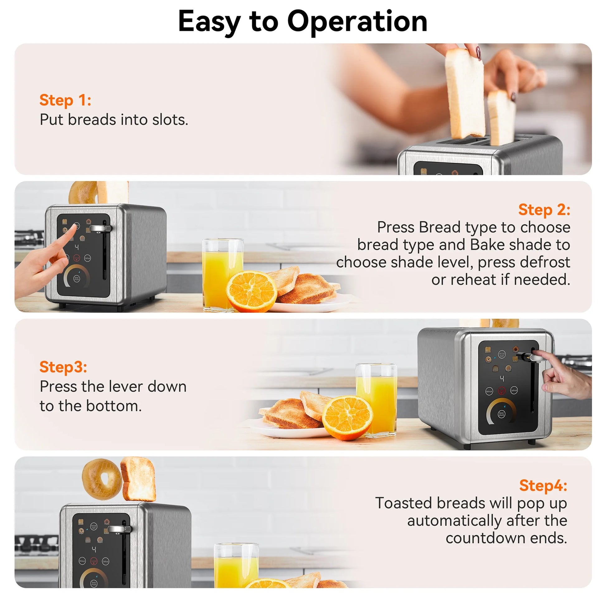 Touchscreen 2-Slice Stainless Steel Toaster with Wide Slots - Perfect for Bagels & Defrosting, 850W Power