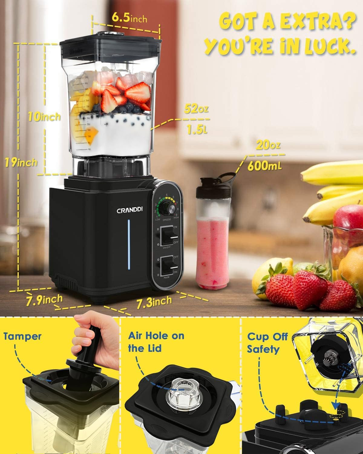 1800W High-Speed Power Blender - 52Oz Countertop Blender for Smoothies & Shakes, Easy to Clean, K98C, Sleek Black Design