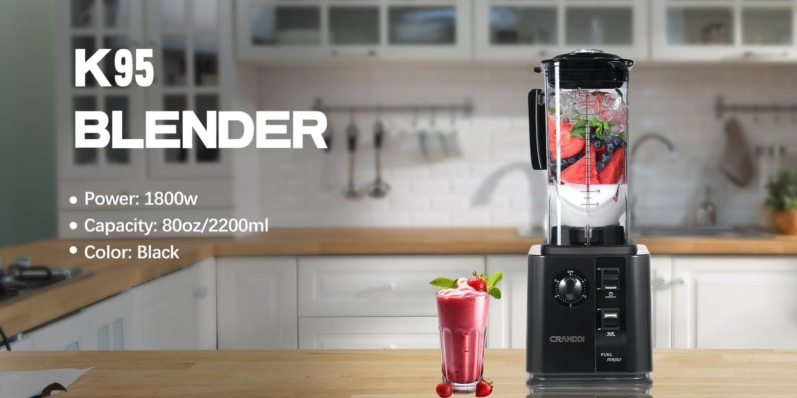 1800W High-Speed Commercial Blender - 80Oz Professional Smoothie Maker with Self-Cleaning, Tamper & 20Oz To-Go Cup (Black)
