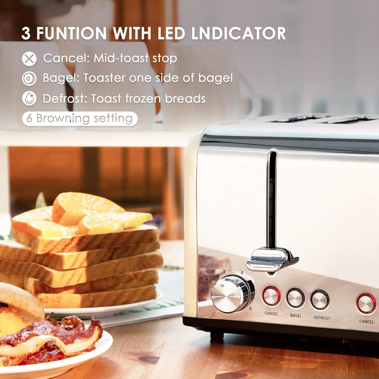 Retro 4-Slice Toaster - Stainless Steel, Extra Wide Slots, 6 Shade Settings, Bagel & Defrost Functions, 1650W, Cream