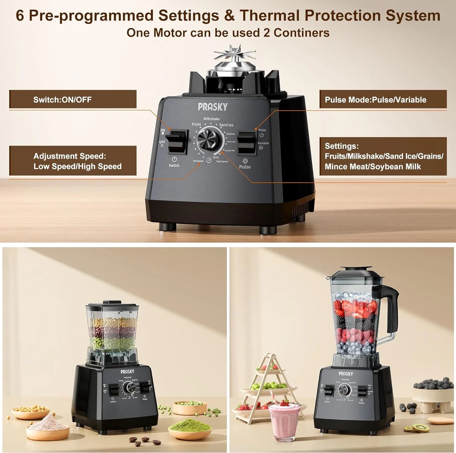 70Oz Countertop Blender - Powerful 1000W Motor with 6 Speed Settings for Effortless Blending (Black)