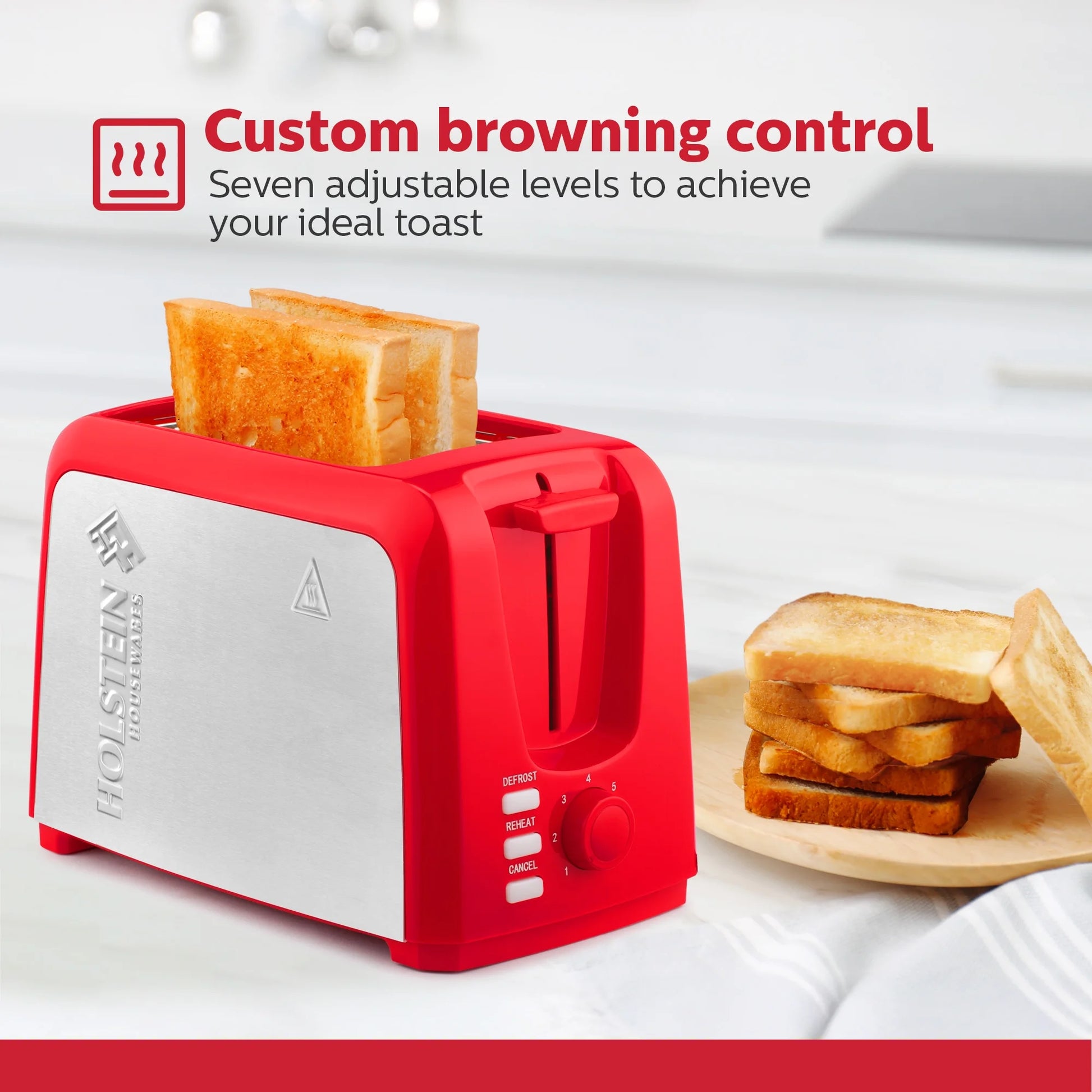 Stylish Red 2-Slice Toaster with Defrost & Reheat Functions