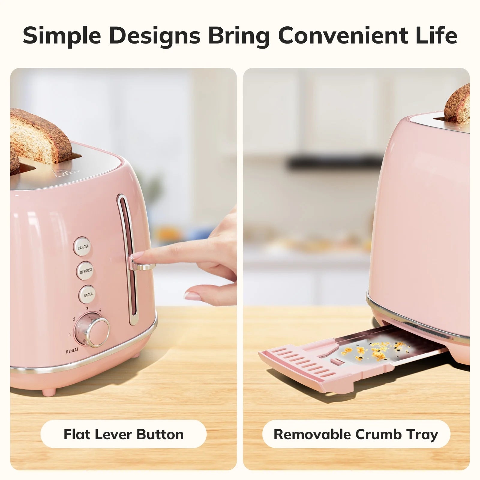 Toaster, Cute 2 Slice Stainless Steel Toaster with Cancel, Defrost Fuction for Bread, Bagel, Wide Slots Revolution Toasters, Kitchen Appliances, Apartment Essentials Must Haves - Pink