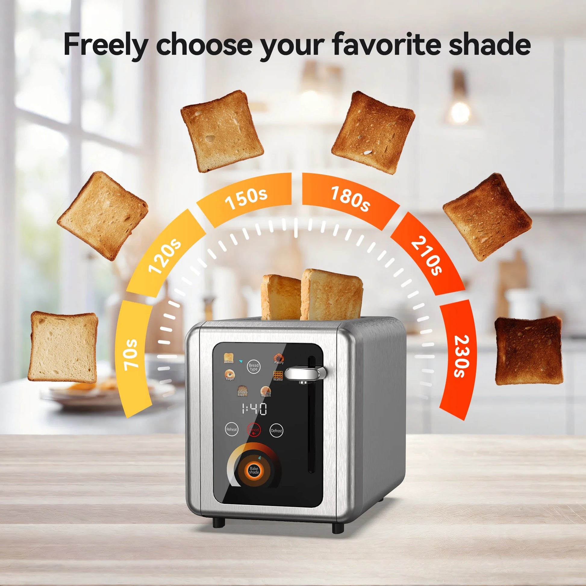 Touchscreen 2-Slice Stainless Steel Toaster with Wide Slots - Perfect for Bagels & Defrosting, 850W Power