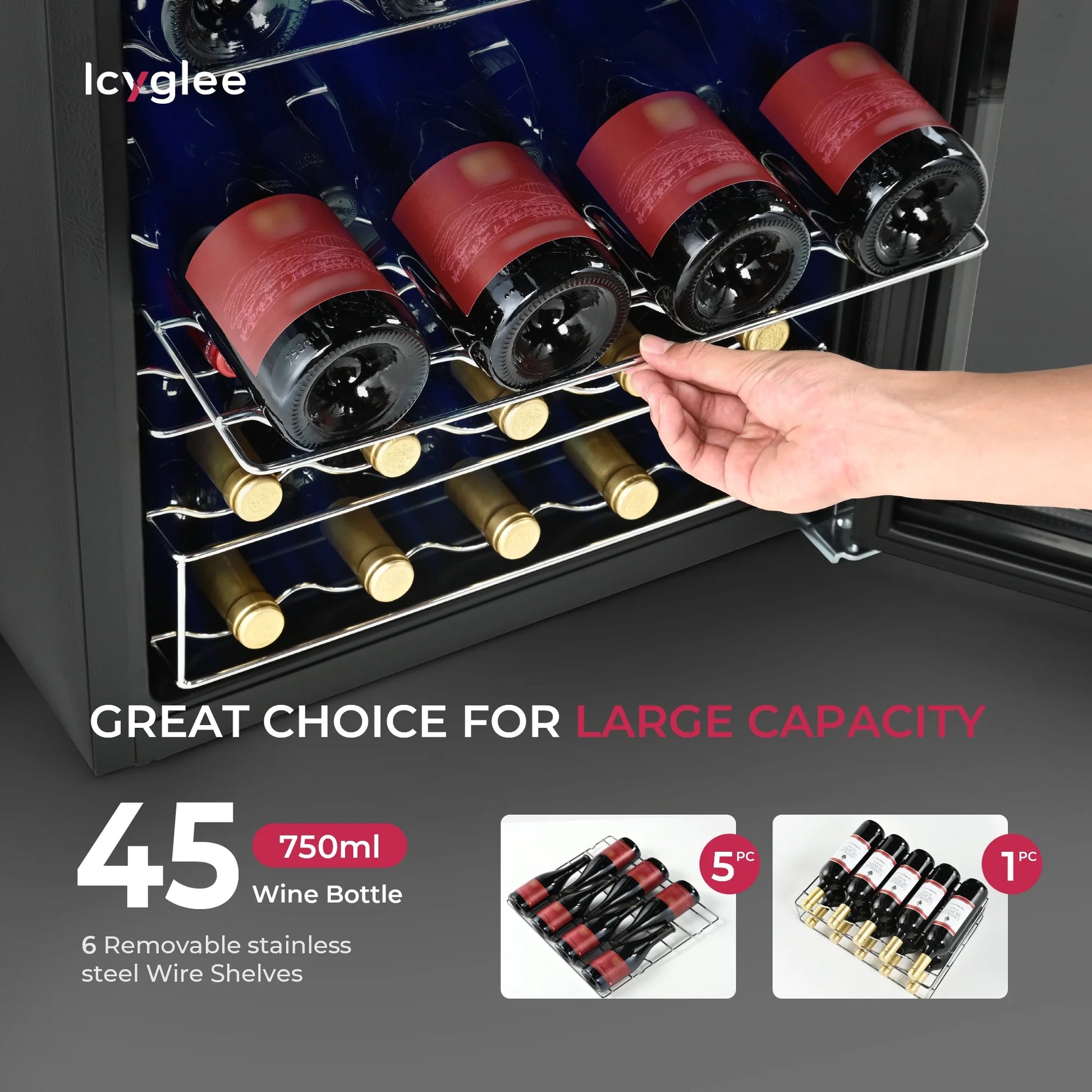 44-Bottle Wine Cooler - Stylish Mini Fridge with Glass Door & Adjustable Temperature for Wines, Beers, and Drinks - Blue LED Interior Lighting