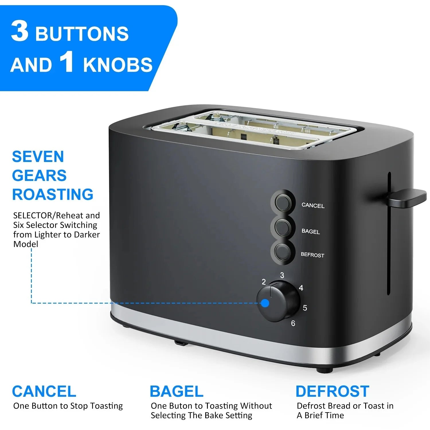 Wide Slot 2 Slice Toaster: Bread Toaster with Removable Crumb Tray, 6 Bread Shade Settings, Auto-Shutoff, Cord Storage under Base, Black, 2PCS
