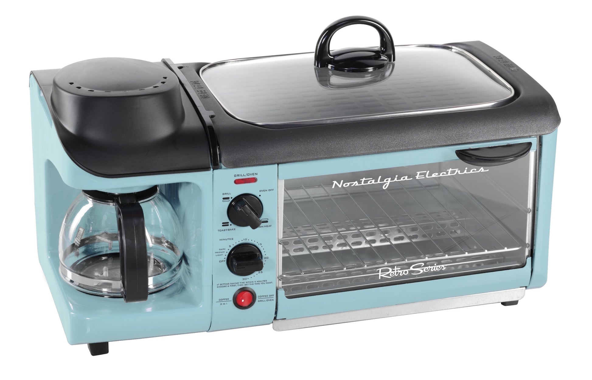 Retro 3-In-1 Breakfast Station, Coffeemaker, Griddle, Toaster Oven, Aqua