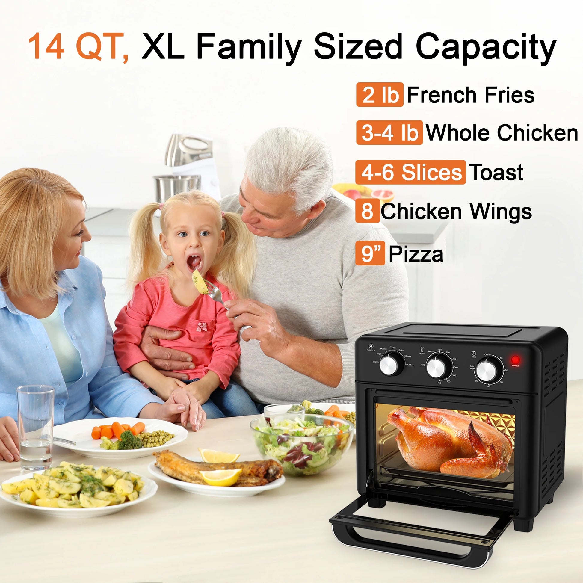 Air Fryer Toaster Oven Combo, 14QT 7 in 1 Oil-Less Air Fryer with Warm, Broil, Toast, Bake, Air Fry, Black
